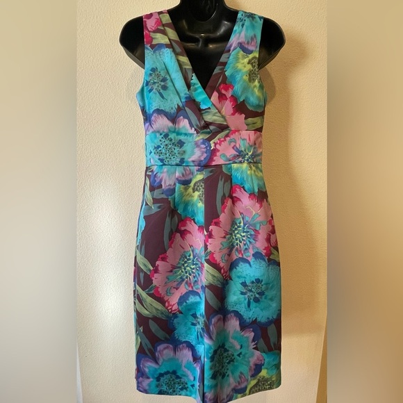 NWOT Calvin Klein Tropical Blue & Pink Floral Satin sleeveless midi dress. Small - Picture 4 of 10